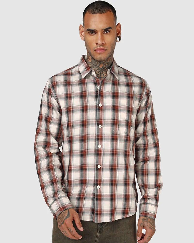 بيواكوف Men's Rust Orange & Beige Checked Shirt