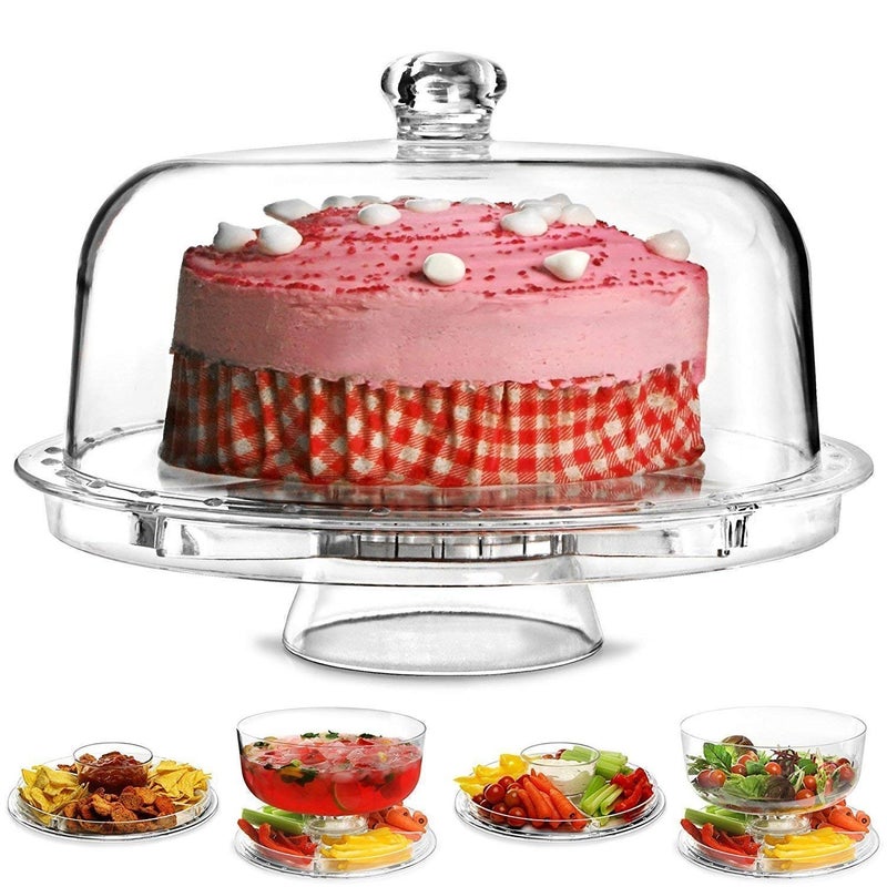 KPS 3 in 1 Cake Stand with Dome Lid- Serving Platter - Use as Salad Bowl/Veggie Platter/Punch Bowl/Desert Platter/Nachos & Salsa Plate Acrylic Cake Stand Fruits Party Tray Cupcake Fruit Stand - Image 1