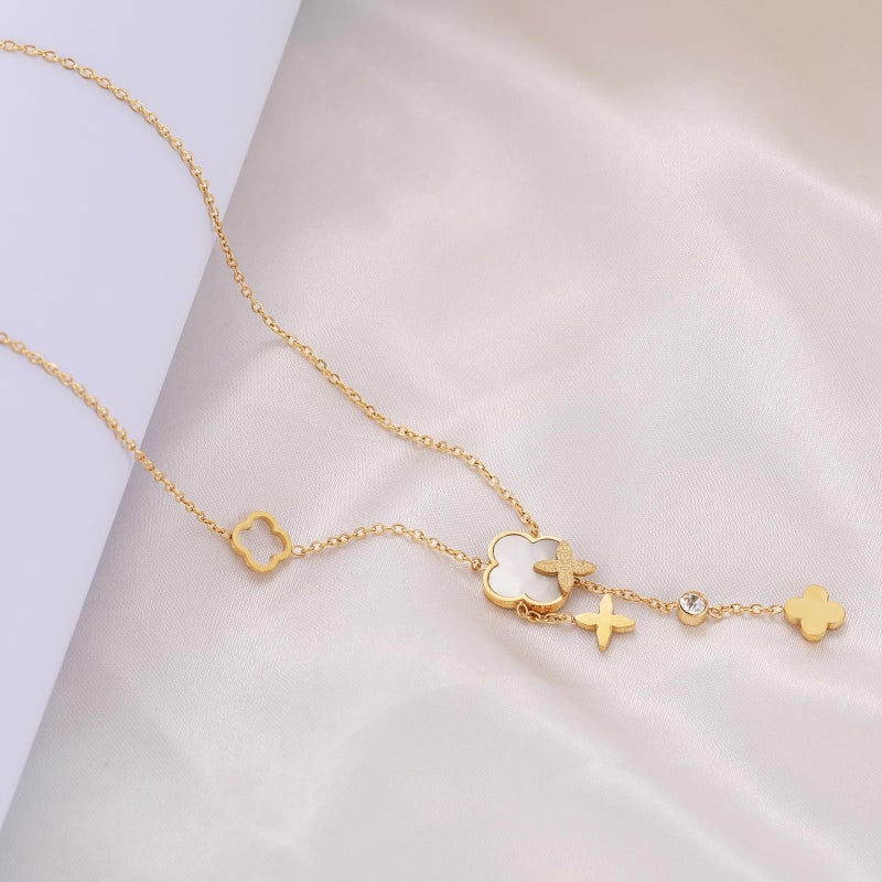 SHINYSO Clover Pendant Y Necklace for Women 18K Gold Plated Stainless Steel Dainty Four Leaf Lucky Flower CZ Drop Long Necklaces - Image 3