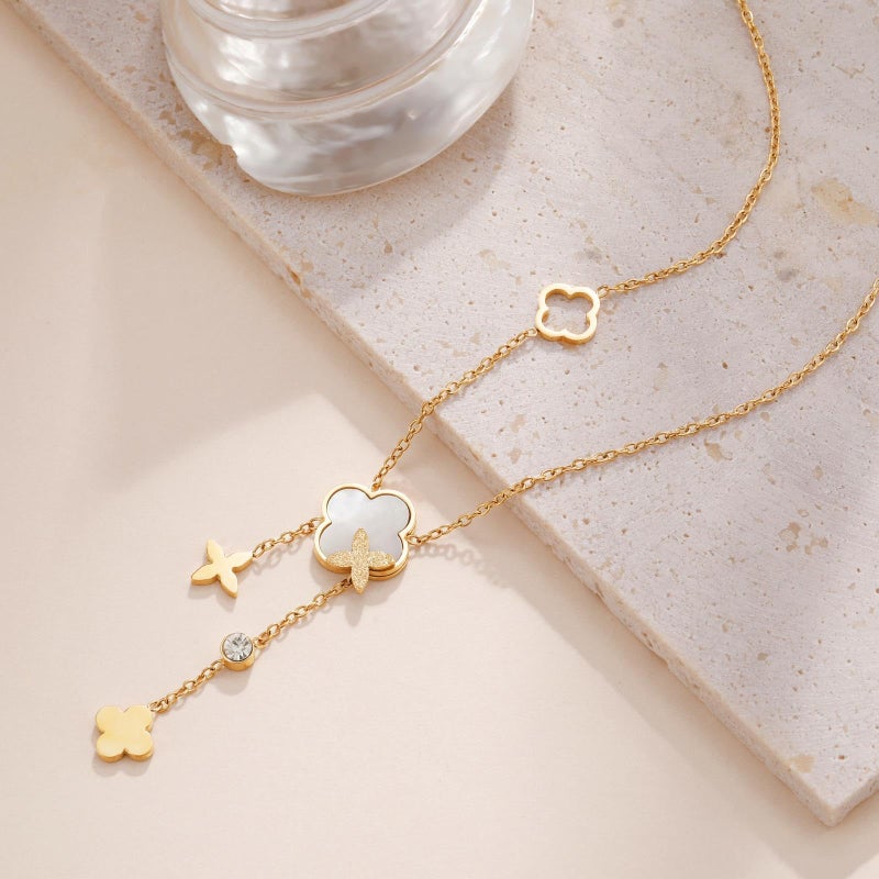 SHINYSO Clover Pendant Y Necklace for Women 18K Gold Plated Stainless Steel Dainty Four Leaf Lucky Flower CZ Drop Long Necklaces - Image 2