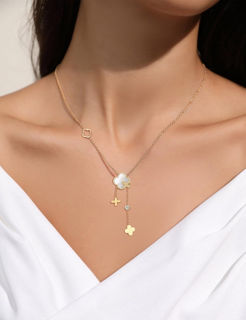 SHINYSO Clover Pendant Y Necklace for Women 18K Gold Plated Stainless Steel Dainty Four Leaf Lucky Flower CZ Drop Long Necklaces - Image 4