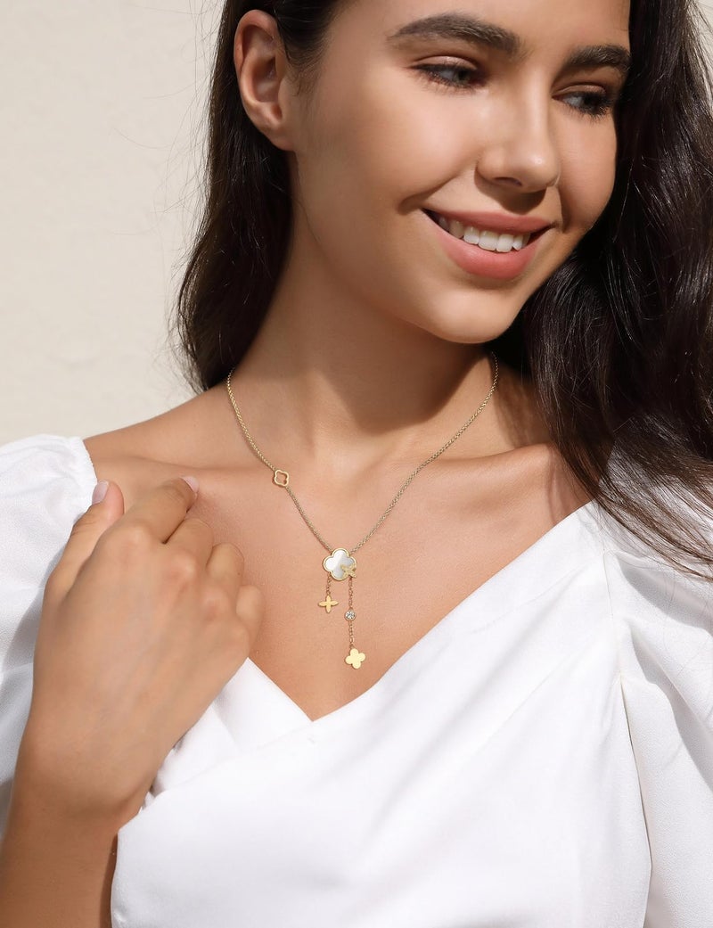 SHINYSO Clover Pendant Y Necklace for Women 18K Gold Plated Stainless Steel Dainty Four Leaf Lucky Flower CZ Drop Long Necklaces - Image 5