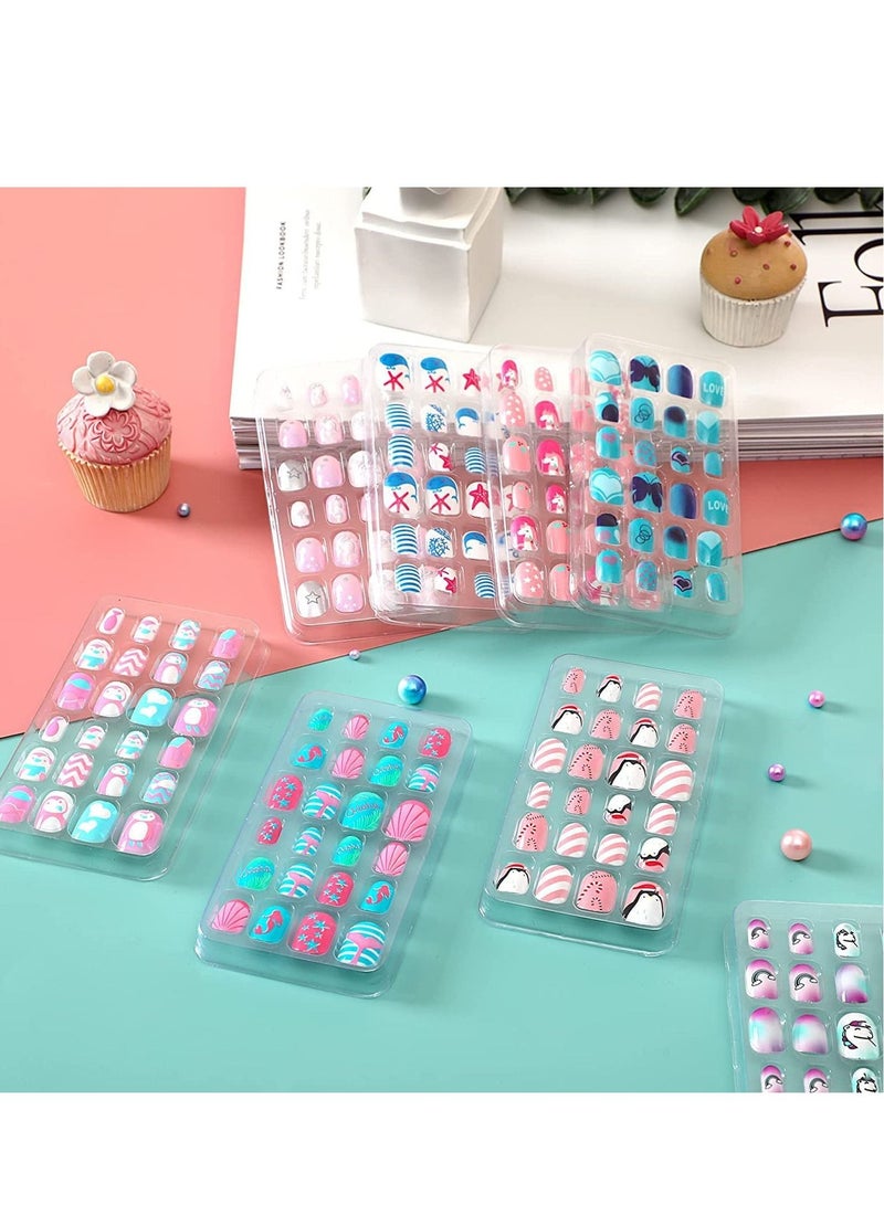 SYOSI Kids False Nails, Children Press on Fake Tip Cartoon Full Cover Short Fingernail Artificial Tips Pre-glued Stickers for Girls Art Decoration (192 Pcs) - Image 3
