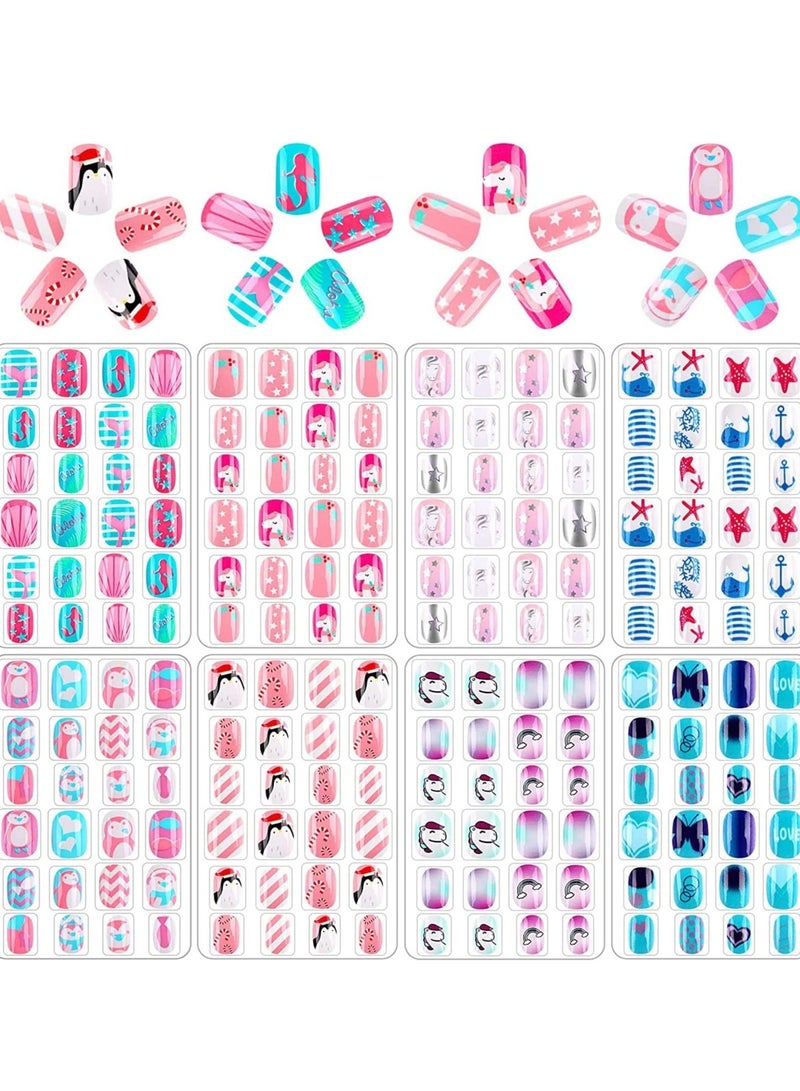 SYOSI Kids False Nails, Children Press on Fake Tip Cartoon Full Cover Short Fingernail Artificial Tips Pre-glued Stickers for Girls Art Decoration (192 Pcs) - Image 1
