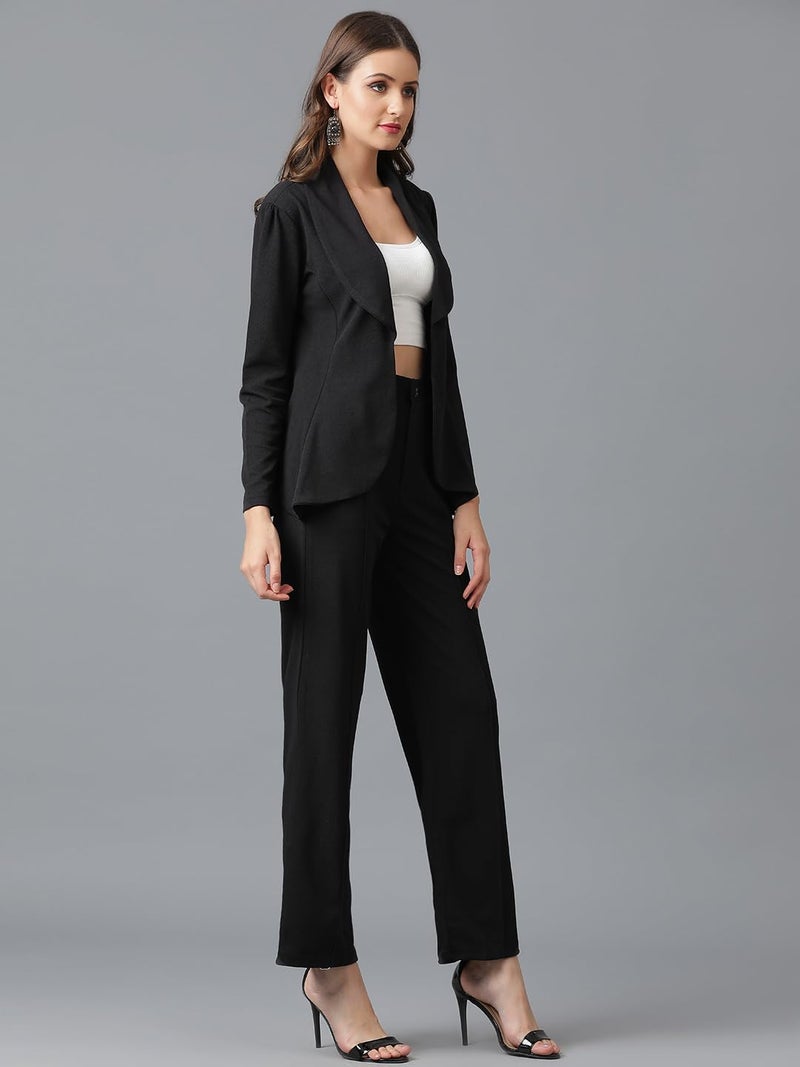 KOTTY Women's Solid Relaxed Fit 3/4 Sleeve Co-ord Blazer and Trouser Set. Coal Black - Image 2