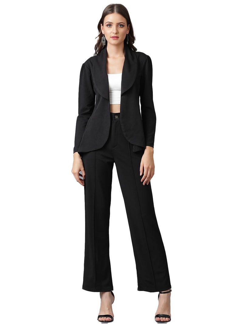 KOTTY Women's Solid Relaxed Fit 3/4 Sleeve Co-ord Blazer and Trouser Set. Coal Black - Image 1