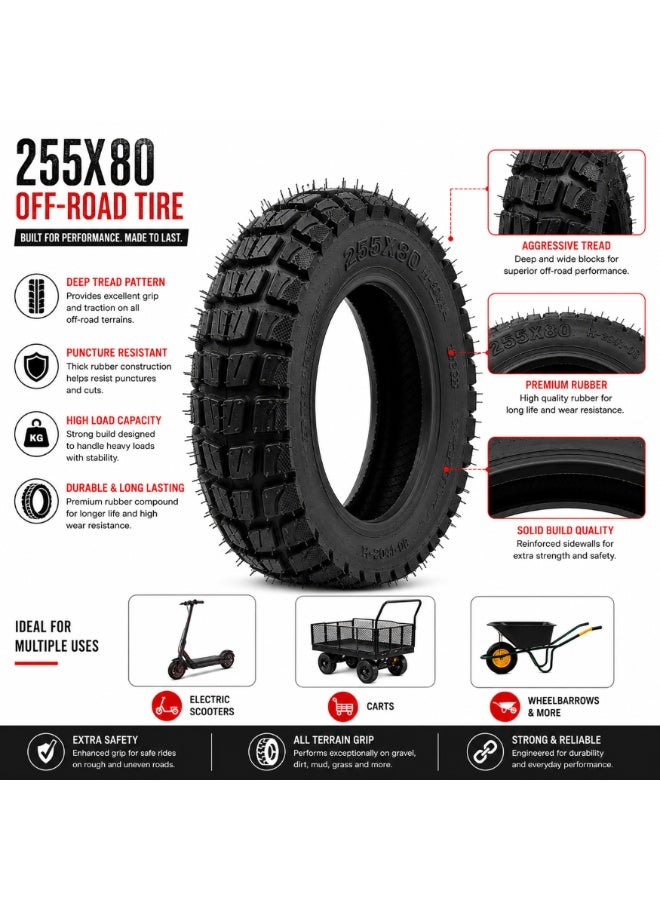 Fukukawa 255x80 Off-Road Pneumatic Electric Scooter Tire | Heavy Duty Replacement Tyre | Deep Tread High Grip | Wear Resistant Rubber | Front & Rear Wheel Compatible | Black - Image 3