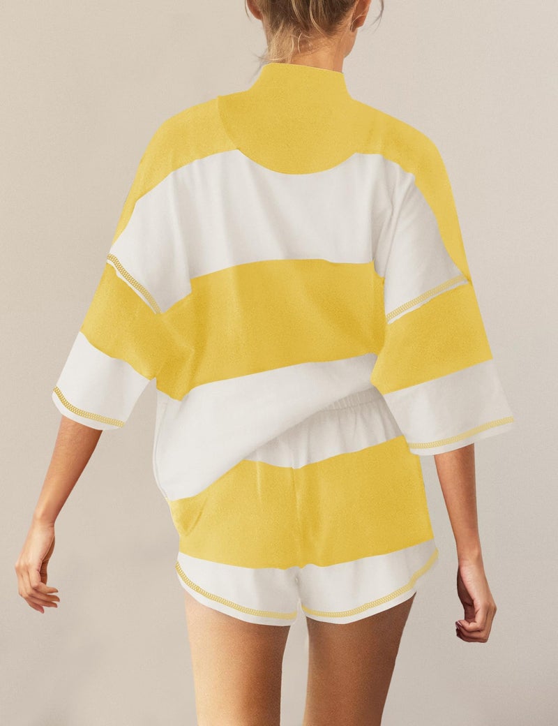 Panadila Women Striped Workout Set Two Piece Outfit Tracksuit Oversized Lounge Set Top and Shorts Sets with Pockets(Yellow White Combo,S) - Image 3