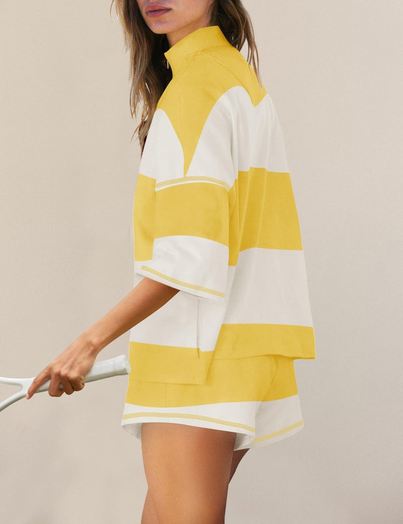 Panadila Women Striped Workout Set Two Piece Outfit Tracksuit Oversized Lounge Set Top and Shorts Sets with Pockets(Yellow White Combo,S) - Image 2