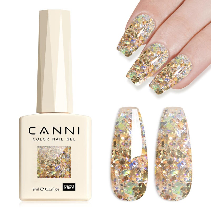 CANNI Glitter Gel Nail Polish â€“ 9ML Broken Gold Prism Flash Gel Polish, Holographic Gold, Soak Off UV LED Nail Art Salon & DIY Manicure at Home - Image 1