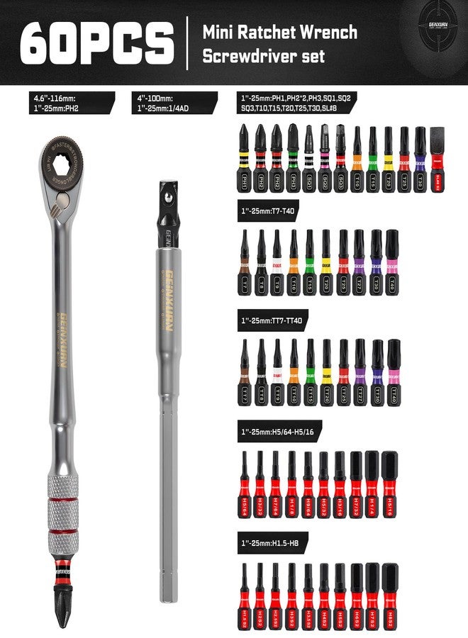Geinxurn 60Pcs Screwdriver Set with Ratchet Wrench, Extension Bar,1/4" Socket Adapter, and 1”Impact Magnetic (Phillips/Torx/Hex) Screwdriver Bit Stored in Coded Base for Electronics, Automotive DIY - Image 2