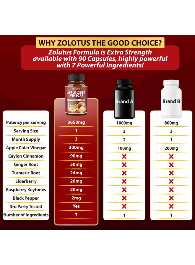 Zolotus Zolotus 7 In 1 Apple Cider Vinegar Capsules, Equivalent To 3650Mg, 3 Month Supply With Ceylon Cinnamon, Ginger Root, Turmeric, Elderberry, Best Supplement For Digestion, Immune  - Image 2