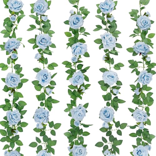 ZIFTY 5Pcs 32.5FT Blue Flower Garland Fake Flower Vines Faux Artificial Floral Garland Hanging Rose Ivy for Wedding Decortions Arch Garden Ceremony Background Outdoor Wall Decor - Image 1