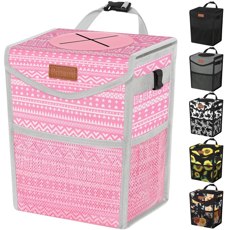 Pritent Car Trash Can with Lid, Cute Leakproof Car Trash Garbage Bag Hanging Vehicle Trash Bin Small Portable Automotive Garbage Cans Organizer for Back/Front Seat/Console(Trapezoid,Pink Print) - Image 1