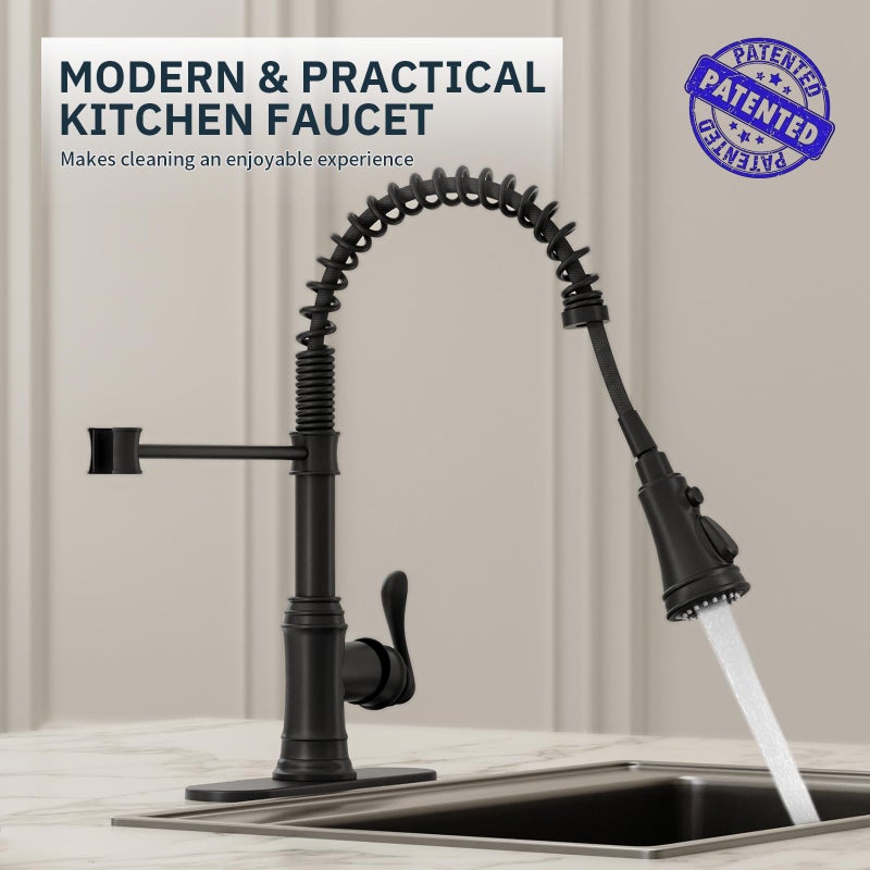 BWE Kitchen Sink Faucet with Deck Plate Single Handle Lever with Pull Down Sprayer Spring 3 Function Kitchen Faucet High Arc Farmhouse Commercial Bar Kitchen Faucets Matte Black - Image 5