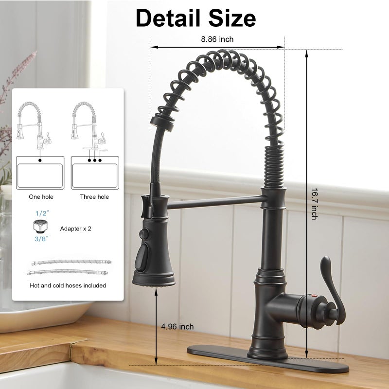 BWE Kitchen Sink Faucet with Deck Plate Single Handle Lever with Pull Down Sprayer Spring 3 Function Kitchen Faucet High Arc Farmhouse Commercial Bar Kitchen Faucets Matte Black - Image 3