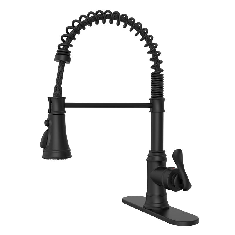 BWE Kitchen Sink Faucet with Deck Plate Single Handle Lever with Pull Down Sprayer Spring 3 Function Kitchen Faucet High Arc Farmhouse Commercial Bar Kitchen Faucets Matte Black - Image 1