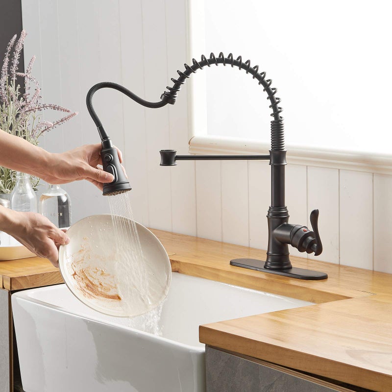 BWE Kitchen Sink Faucet with Deck Plate Single Handle Lever with Pull Down Sprayer Spring 3 Function Kitchen Faucet High Arc Farmhouse Commercial Bar Kitchen Faucets Matte Black - Image 2