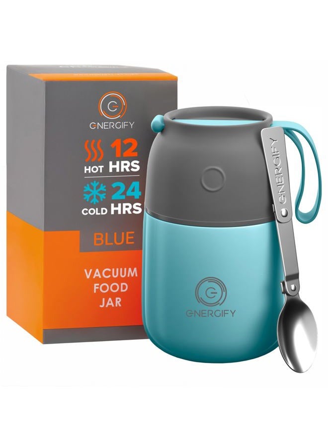 ENERGIFY Vacuum Insulated Food Jar. Large 17oz Bowl incl. Folding Spoon, Cup. Wide Mouth Keep Hot & Cold Drinks Soup Lunch Container for Adults. BPA-Free Stainless Steel, Leak Proof Blue - Image 1
