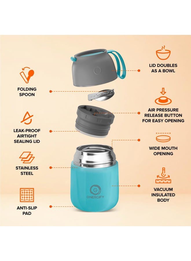 ENERGIFY Vacuum Insulated Food Jar. Large 17oz Bowl incl. Folding Spoon, Cup. Wide Mouth Keep Hot & Cold Drinks Soup Lunch Container for Adults. BPA-Free Stainless Steel, Leak Proof Blue - Image 2