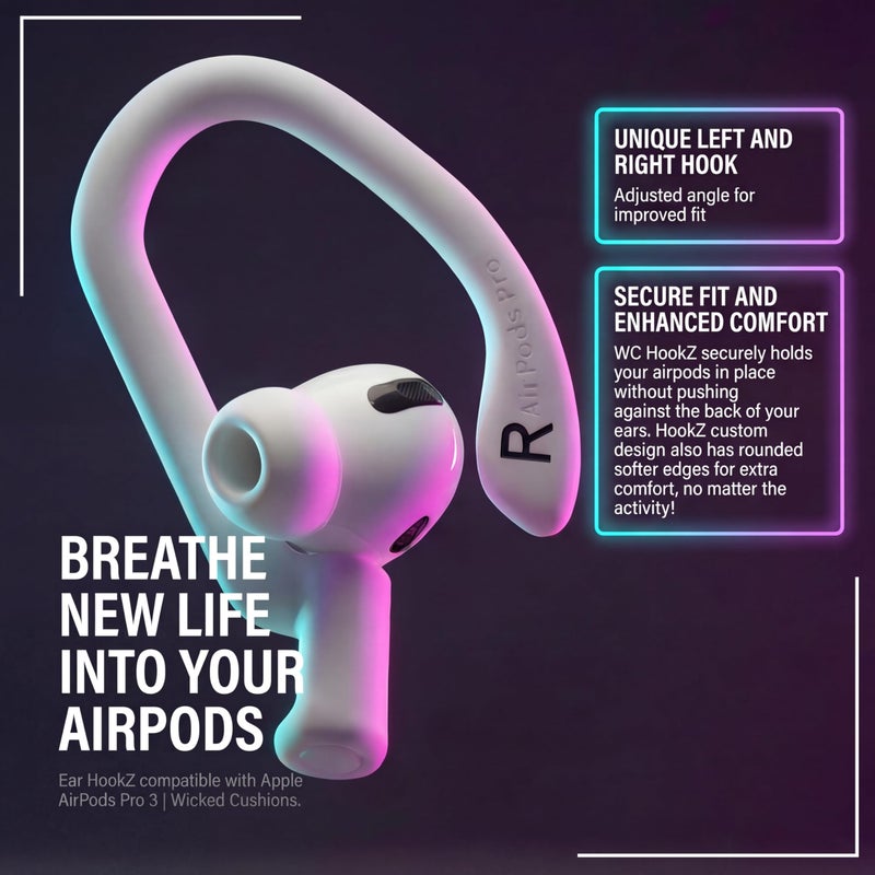 WC HookZ Pro 3 â€“ Adjustable Ear Hooks Compatible with AirPods Pro 3 by Wicked Cushions | Malleable Core for Custom Fit, Secure & Comfortable - Patent Pending | White - Image 3