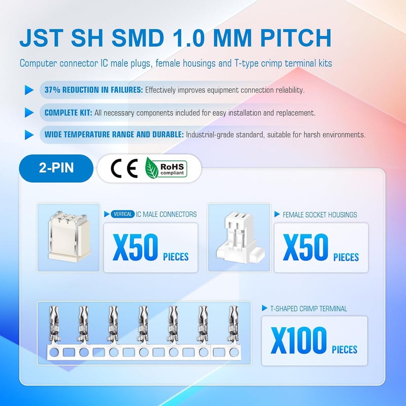 CQRobot JST SH SMD 1.0 mm Pitch 2-Pin Electronic Computer Connector IC Male Plugs, Female Sockets Housing and T-Shaped Crimp Terminal Kit. 50 Sets/200 Pieces Wire-to-Board Adapter Cable Assembly. - Image 2
