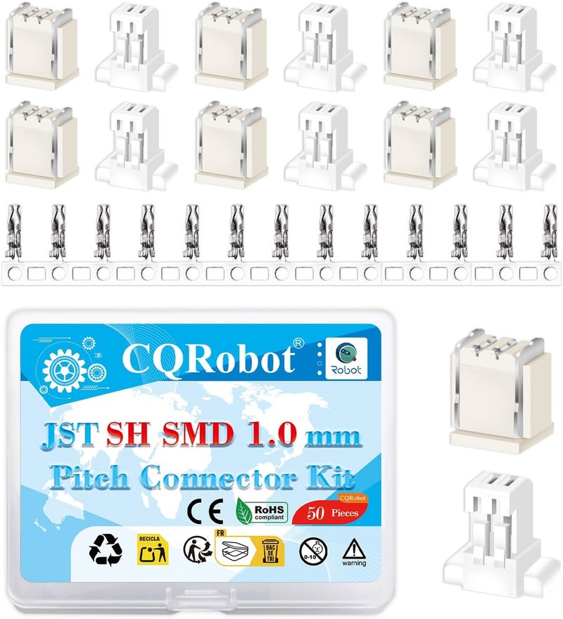 CQRobot JST SH SMD 1.0 mm Pitch 2-Pin Electronic Computer Connector IC Male Plugs, Female Sockets Housing and T-Shaped Crimp Terminal Kit. 50 Sets/200 Pieces Wire-to-Board Adapter Cable Assembly. - Image 1