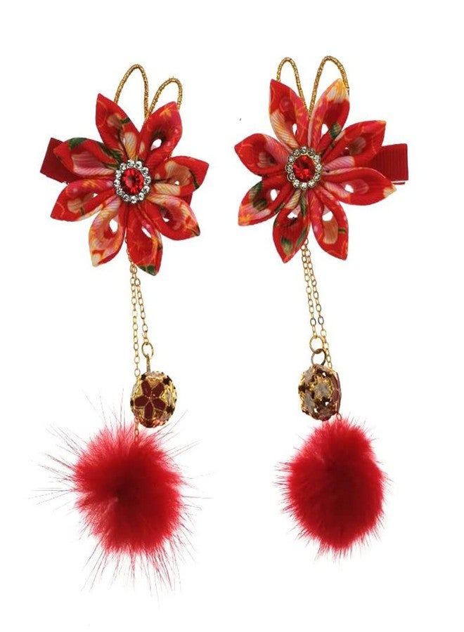 MIAO WU 1pair Classical Hair Clips Floral Pompom Tassel Hair Clip Vintage Hair Pin Hanfu Hair Barrette Hair Accessories for Women Girls Ladies (Red) - Image 1