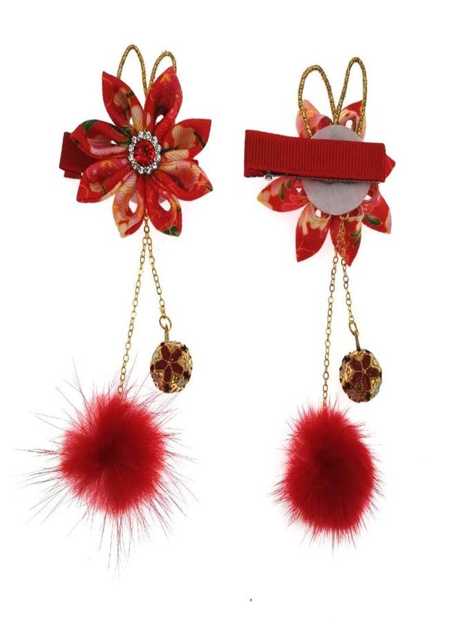 MIAO WU 1pair Classical Hair Clips Floral Pompom Tassel Hair Clip Vintage Hair Pin Hanfu Hair Barrette Hair Accessories for Women Girls Ladies (Red) - Image 4
