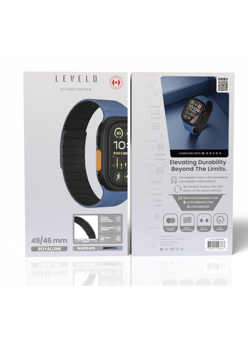 LEVELO - RoyalLink Silicone Watch Strap for Apple Watch 49MM / Dual-Color Design / Convenient to Wear - Blue/Black - Image 1