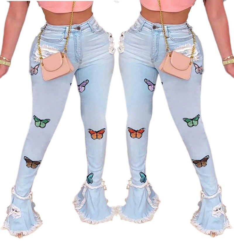 BestGirl Women's Bell Bottom Jeans Butterfly Embroidery Destoryed Ripped Flare Jeans Raw Hem Denim Pants - Image 2