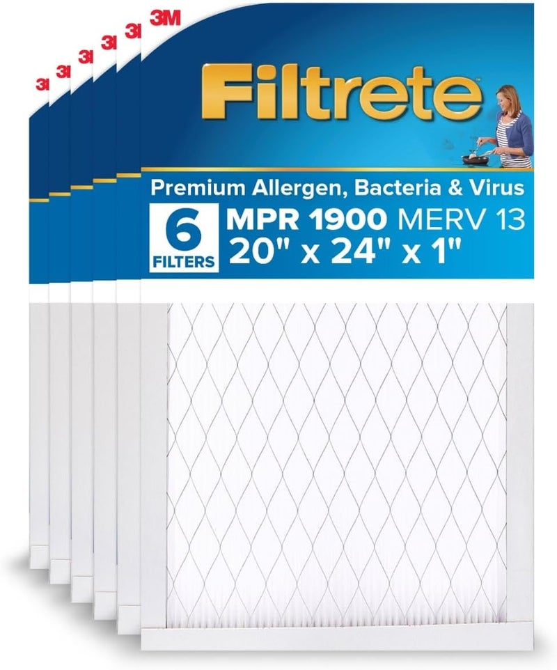 FILTRETE 20x24x1 AC Furnace Air Filter, MERV 13, MPR 1900, Premium Allergen, Bacteria & Virus Filter, 3-Month Pleated 1-Inch Electrostatic Air Cleaning Filter, 6-Pack (Actual Size 19.81x23.81x0.78 in) - Image 1