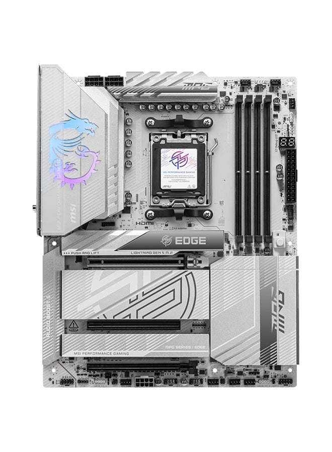MPG X870E EDGE TI Wi-Fi ATX Motherboard, AMD X870E Chipset, AM5 Socket, Supports AMD Ryzen 9000/8000/7000 Series, DDR5 Memory (Up to 256GB, 8400+ MT/s), PCIe 5.0, Wi-Fi 7, 5G LAN, USB4, 2x USB 40Gbps Type-C, HDMI 2.1, Realtek ALC4080 7.1-Channel Audio, 4x M.2, 4x SATA, RAID 0/1/10, Bluetooth 5.4, RGB, TPM 2.0, EZ Debug LED | 911-7E59-001 White
