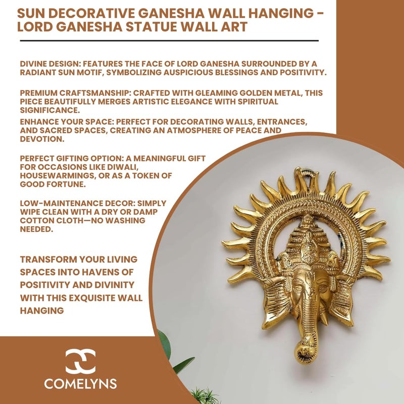 Comelyns Golden Metal Sun Decorative Ganesha Wall Hanging Lord Ganesha Statue Wall Art Decorative Showpiece for Wall Decor Diwali Decoration Items for Home Decor Gift for Diwali Housewarming - Image 3