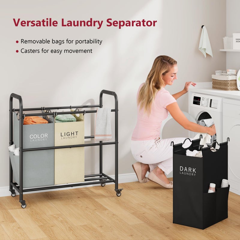 Tajsoon 3 Bag Laundry Sorter Cart, Laundry Hamper Sorter Basket with Heavy Duty Lockable Rolling Wheels for Clothes Storage, 3 Colors - Image 2
