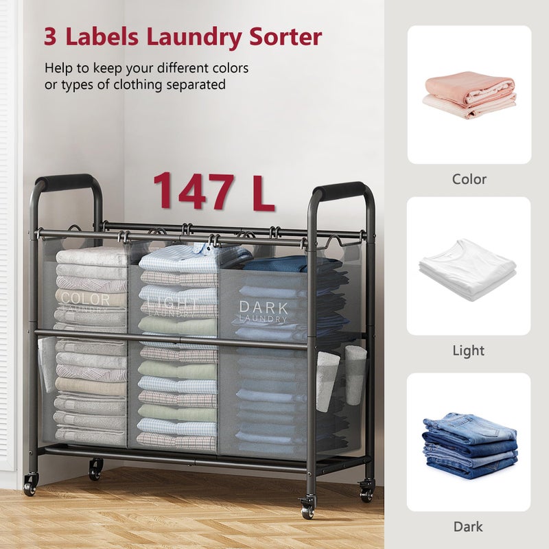 Tajsoon 3 Bag Laundry Sorter Cart, Laundry Hamper Sorter Basket with Heavy Duty Lockable Rolling Wheels for Clothes Storage, 3 Colors - Image 4