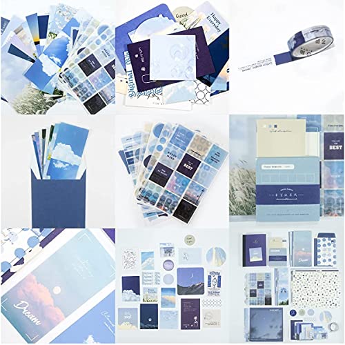 HASTHIP® Aesthetic Scrapbook & Journaling Kit 155 Pcs A6 Notebook, Washi Tape, Stickers, Notepaper & Cards DIY Creative Gift Set for Teens, Girls & Beginners (Blue Clouds Style) - Image 4