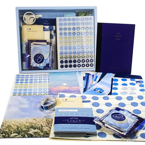 HASTHIP® Aesthetic Scrapbook & Journaling Kit 155 Pcs A6 Notebook, Washi Tape, Stickers, Notepaper & Cards DIY Creative Gift Set for Teens, Girls & Beginners (Blue Clouds Style) - Image 1