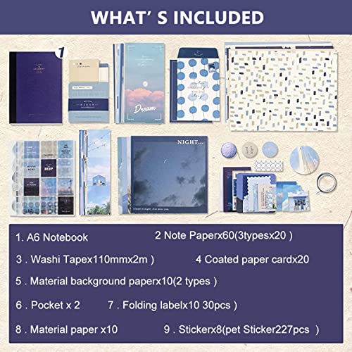 HASTHIP® Aesthetic Scrapbook & Journaling Kit 155 Pcs A6 Notebook, Washi Tape, Stickers, Notepaper & Cards DIY Creative Gift Set for Teens, Girls & Beginners (Blue Clouds Style) - Image 3
