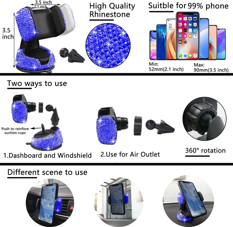 NBTEPEM مجموعة إكسسوارات السيارات اللامعة الزرقاء 27 قطعة للنساء، أغطية عجلة القيادة مقاس عالمي 15 بوصة، إطار لوحة الترخيص اللامع، حامل الهاتف اللامع، مساند أكواب السيارات اللامعة (الماس الأزرق) - Image 5