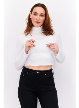 Women High Neck Long Sleeve Plain Top, White