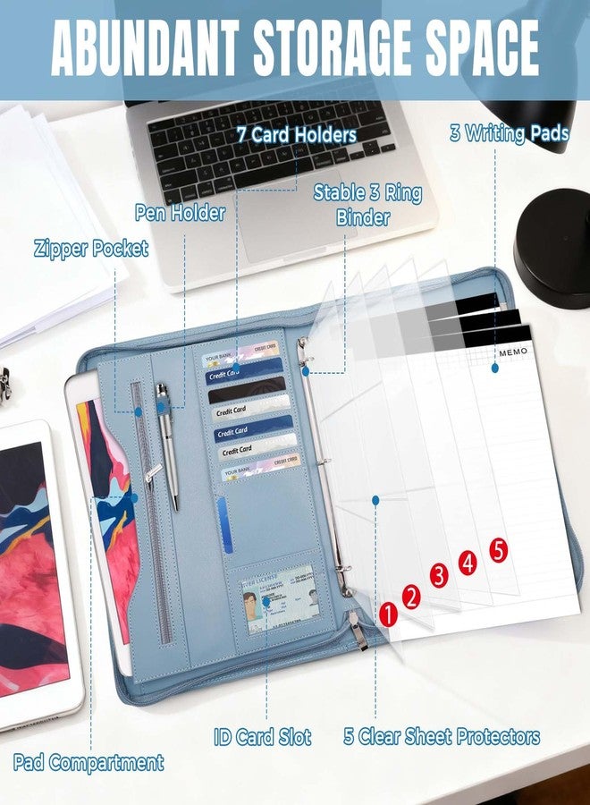 حافظة Sbrinnaliao Padfolio، حافظة ملفات ومجلد منظم ومخطط ودفتر ملاحظات بسحاب للنساء والرجال مع جيب للمستندات، ولوحة كتابة بحجم الرسالة/A4، وحاملات بطاقات العمل (زهرة زرقاء) - Image 2