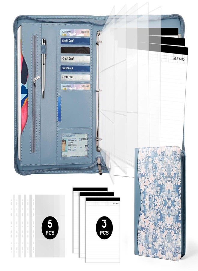 حافظة Sbrinnaliao Padfolio، حافظة ملفات ومجلد منظم ومخطط ودفتر ملاحظات بسحاب للنساء والرجال مع جيب للمستندات، ولوحة كتابة بحجم الرسالة/A4، وحاملات بطاقات العمل (زهرة زرقاء) - Image 1