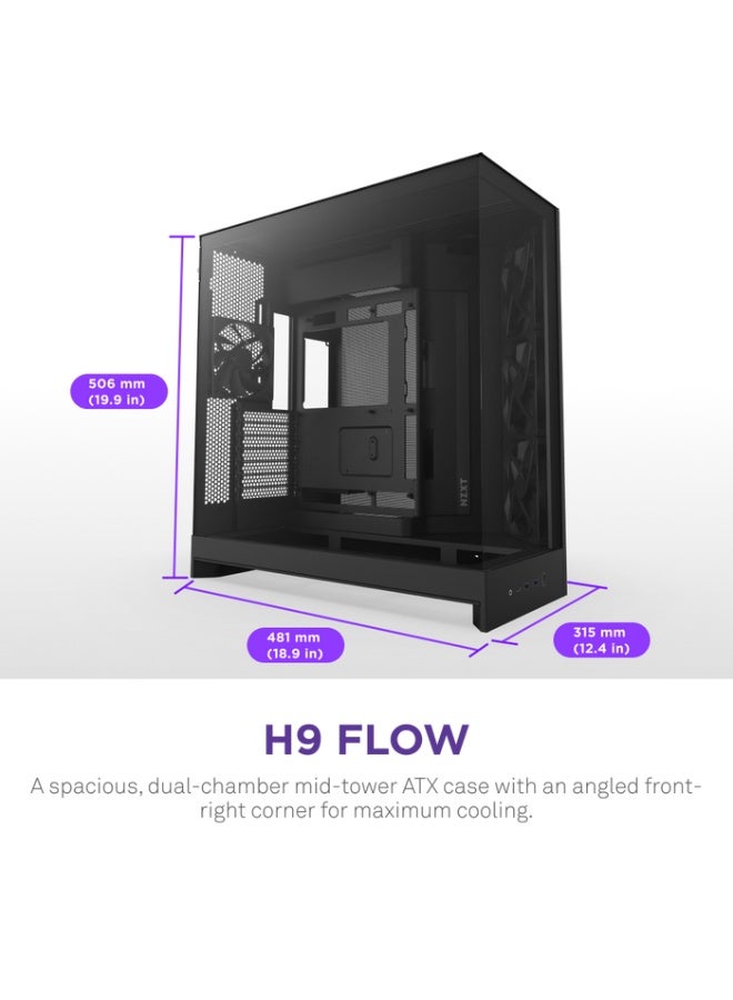 NZXT H9 Flow (2025) – Large Dual-Chamber ATX Mid-Tower Airflow PC Case – Includes 3 x 140mm & 1 x 120mm Fans – 420mm Radiator Support – Tempered Glass – Back-Connect Ready – Black - Image 2