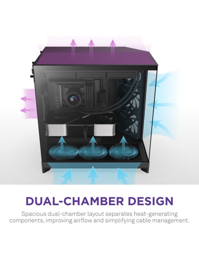 NZXT H9 Flow (2025) – Large Dual-Chamber ATX Mid-Tower Airflow PC Case – Includes 3 x 140mm & 1 x 120mm Fans – 420mm Radiator Support – Tempered Glass – Back-Connect Ready – Black - Image 4