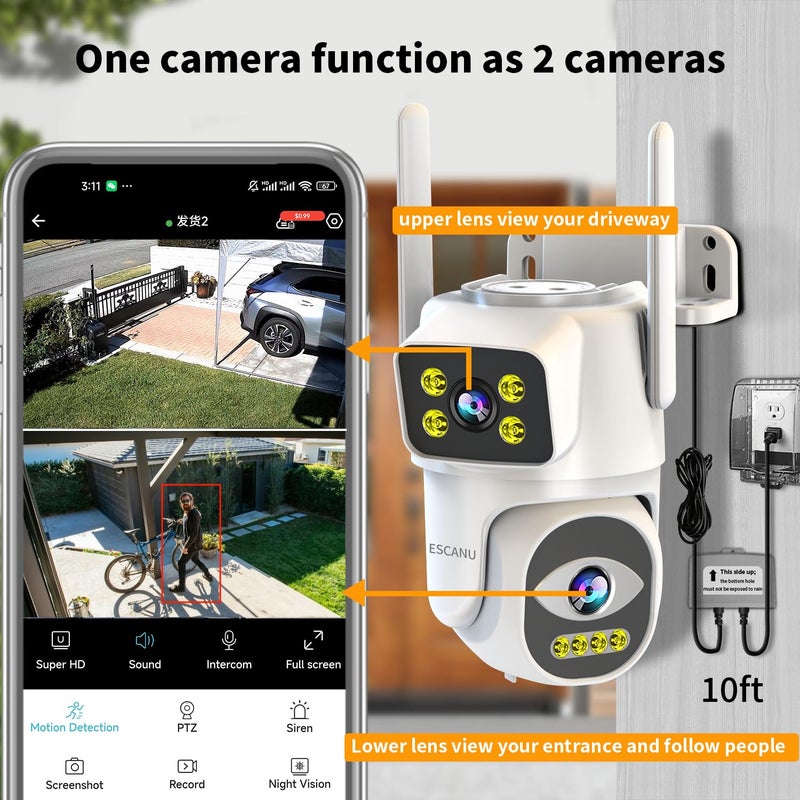 ESCANU Cameras for Home Security with Dual Lens, 2.4G/5G Outdoor Security Camera, WiFi Camera for Home Security, Color Night Vision, 2-Way Audio, Auto Tracking, 24/7 Continuous Recording - Image 2