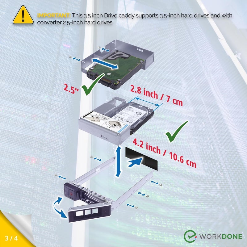WORKDONE 3.5 inch Drive Caddy with 2.5 inch HDD Adapter - Compatible for Dell PowerEdge Servers - T360 R760 R640 R540 R440 R340 R550 R450 R650xs R750xs - Bright LED Tray - with Detailed Setup Manual - Image 4