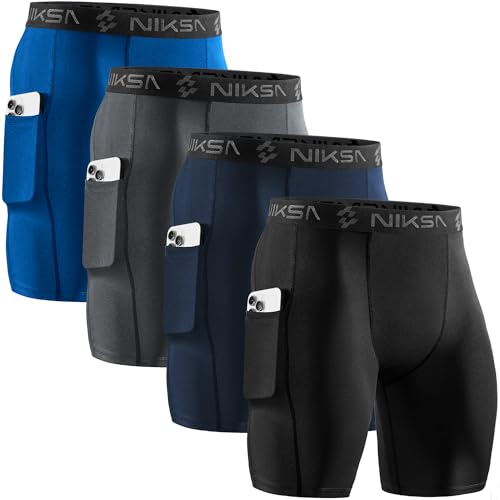 Niksa 4 Pack Compression Shorts Men with Pocket, Spandex Running Shorts Sport Athletic Workout Performance Underwear - Image 1