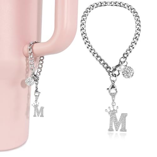 LUHOHI Silver Letter Charms for Stanley Cup- Crown Letter Charms Accessories for Stanley Handle 40Oz Tumblers Water Bottle Cup Initial Keychain with Diamond Glitter Jewelry Personalized Decorations M - Image 1