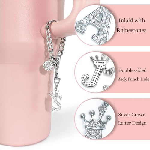 LUHOHI Silver Letter Charms for Stanley Cup- Crown Letter Charms Accessories for Stanley Handle 40Oz Tumblers Water Bottle Cup Initial Keychain with Diamond Glitter Jewelry Personalized Decorations M - Image 2